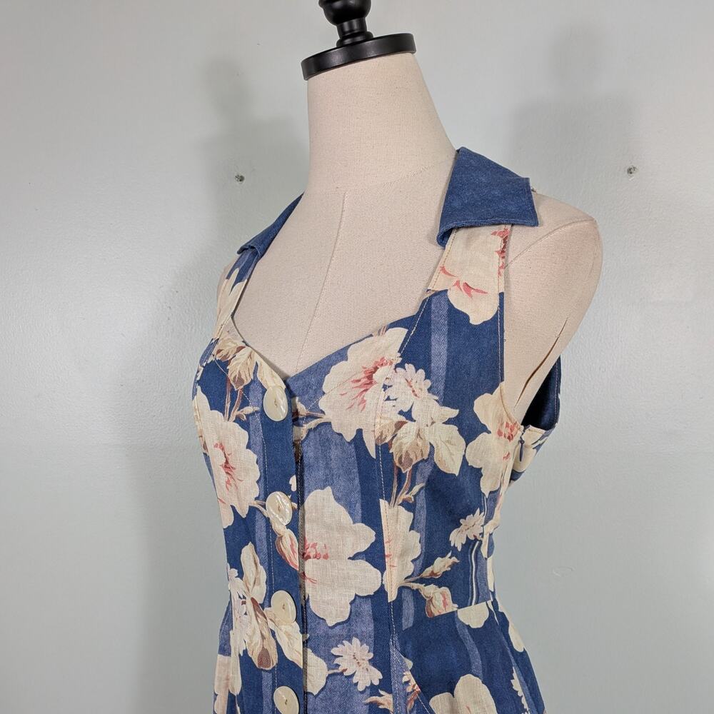 Anthropologie Camellia Dress 8 Blue Cream Floral Retro Button Church Summer - Picture 4 of 15